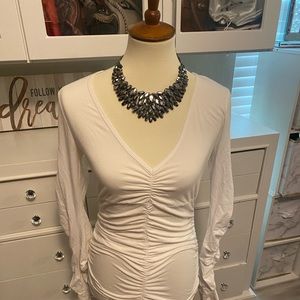 White, long sleeve, fitted, gather sexy v-neck top
